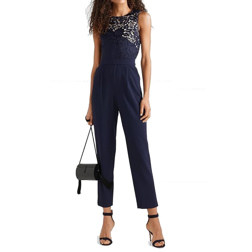 NWT Alice and Olivia Sapphire Jeri Guipure Lace And Crepe Jumpsuit Size 8